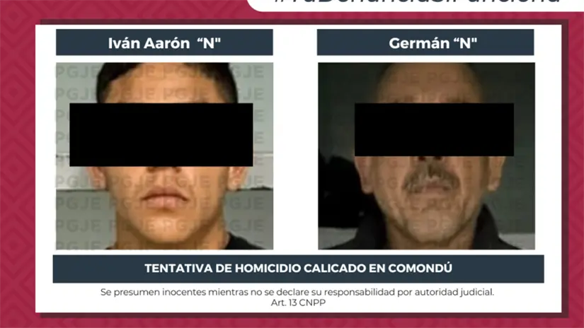 Iván Aarón “N” y Germán “N” fueron vinculados a proceso por tentativa de homicidio calificado en agravio de agentes de investigación criminal. Foto: PGJE BCS