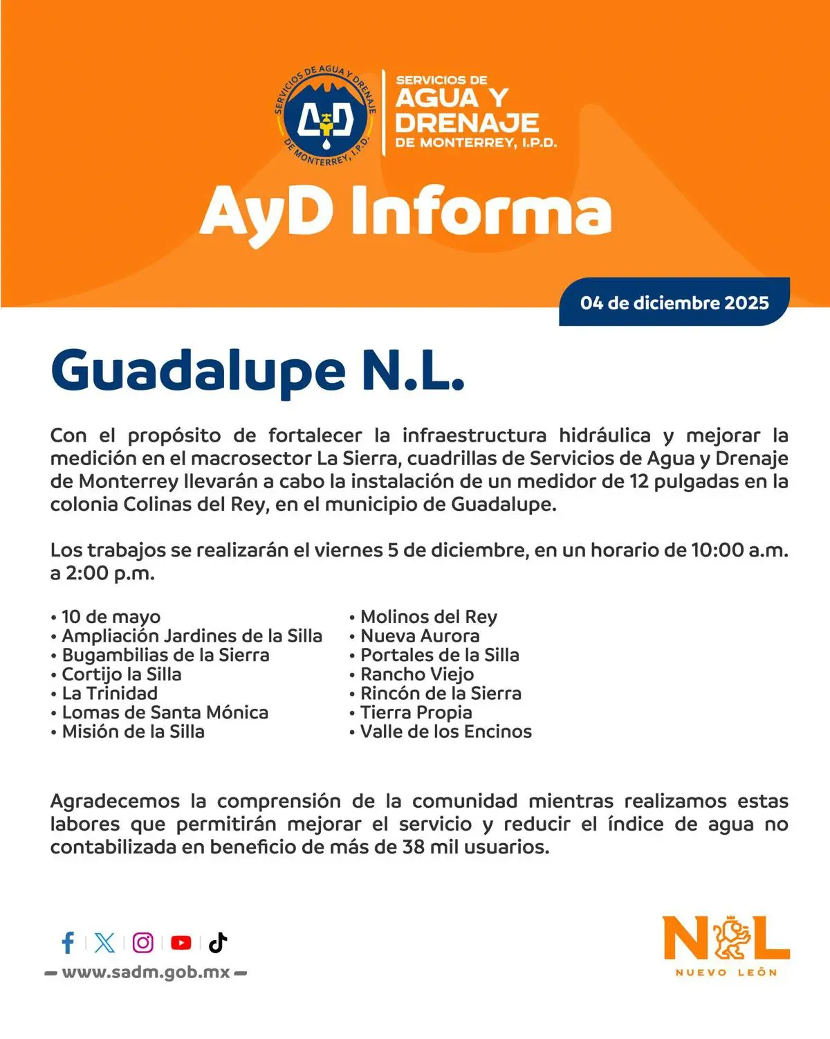 En total serán 14 las colonias afectadas por estas obras de Agua y Drenaje de Monterrey en Guadalupe. Foto: Agua y Drenaje de Monterrey.