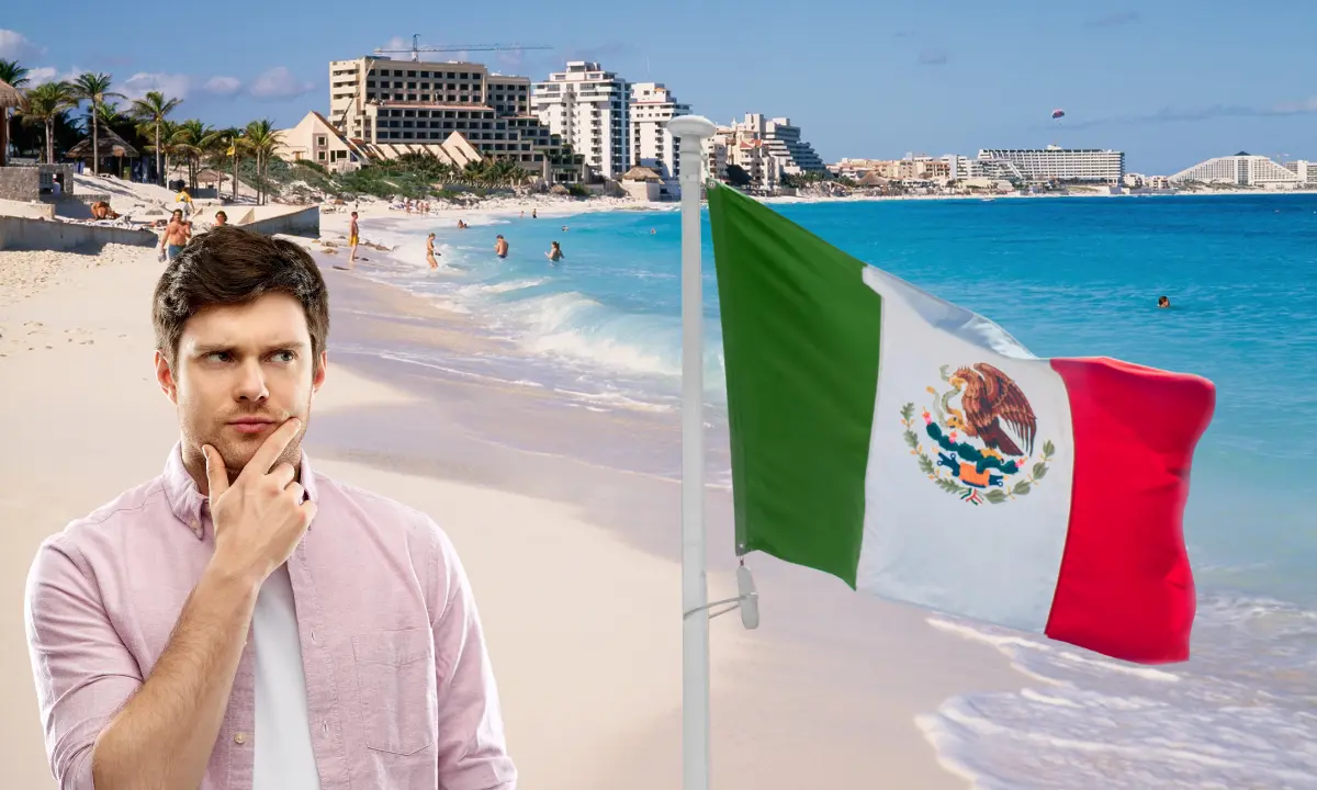De fondo una playa de Cancún y al frente una bandera de México y un hombre mirando de reojo Foto: Canva/Alexis Lara