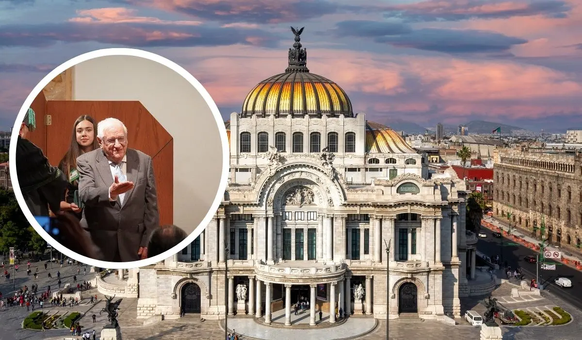 Armando Fuentes Aguirre Catón en la entrega del reconocimiento. Palacio de Bellas Artes. (Facebook: Hilda Flores | Canva)