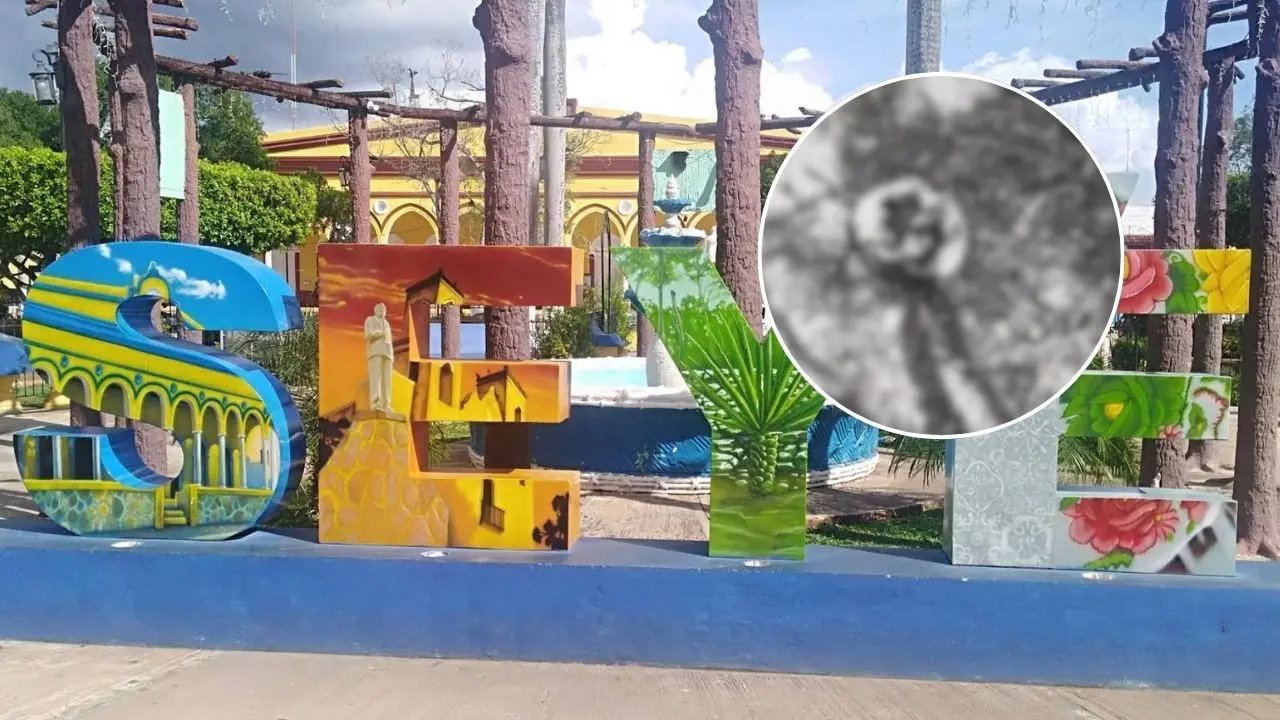 Al fondo, aspecto de la plaza principal de Seyé. En el círculo, imagen del cráneo que fue gallado en montes de la comunidad.- Fuente Peninsular Punto Medio y Oscar Delgado