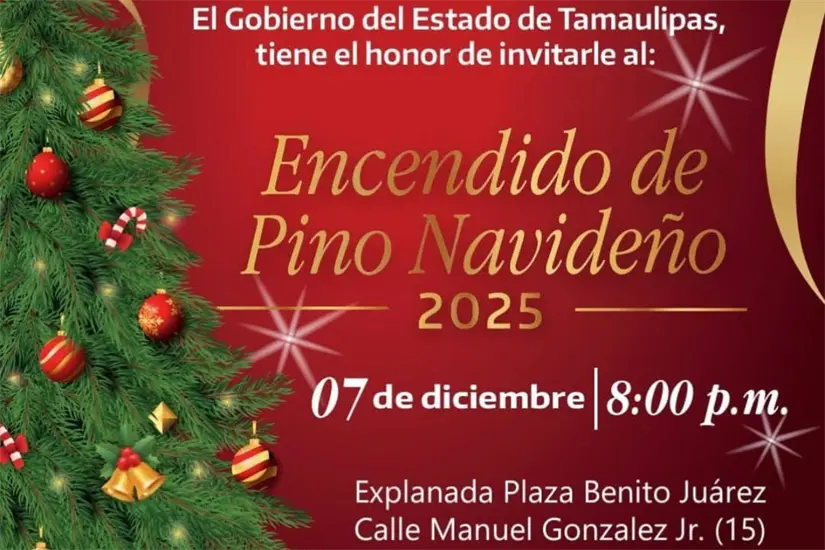 Invitación para el encendido del monumental pino navideño en Ciudad Victoria. Foto: Carlos García