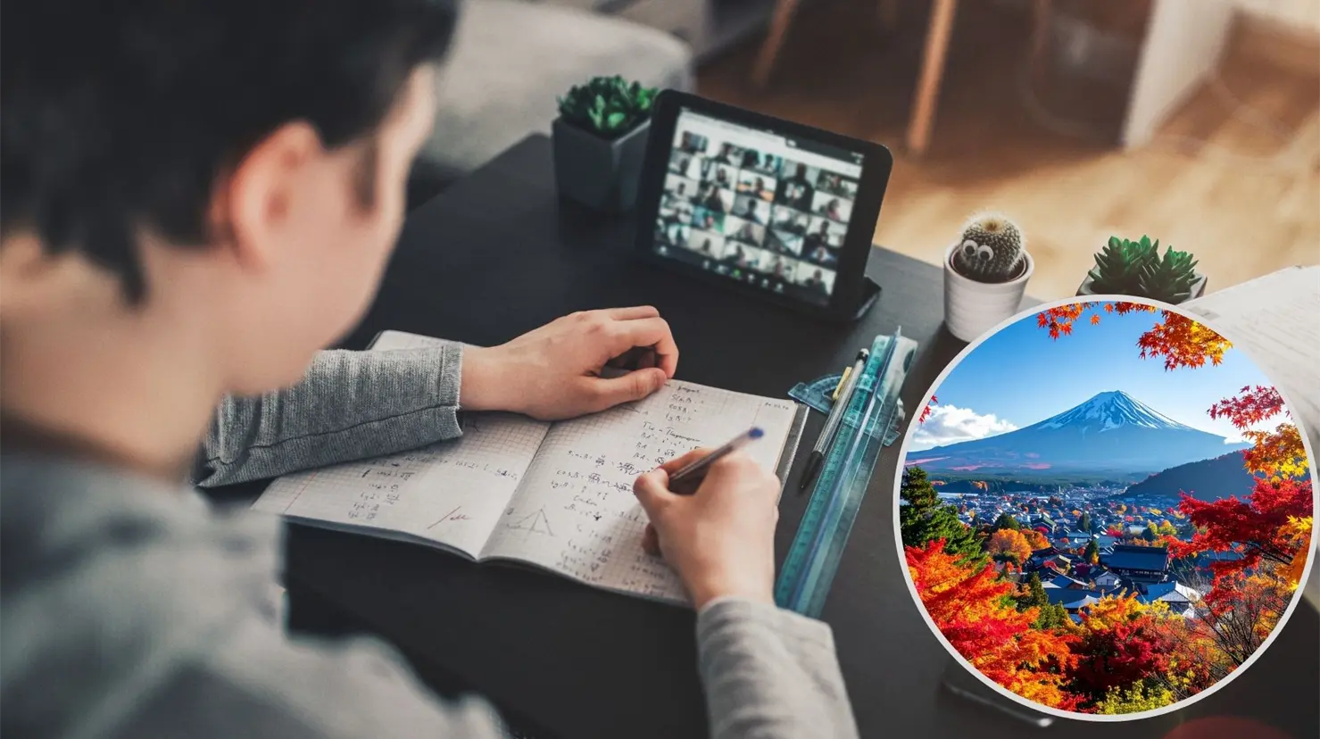 Estudiante en clases de japonés. Imagen de Japón. (Canva)