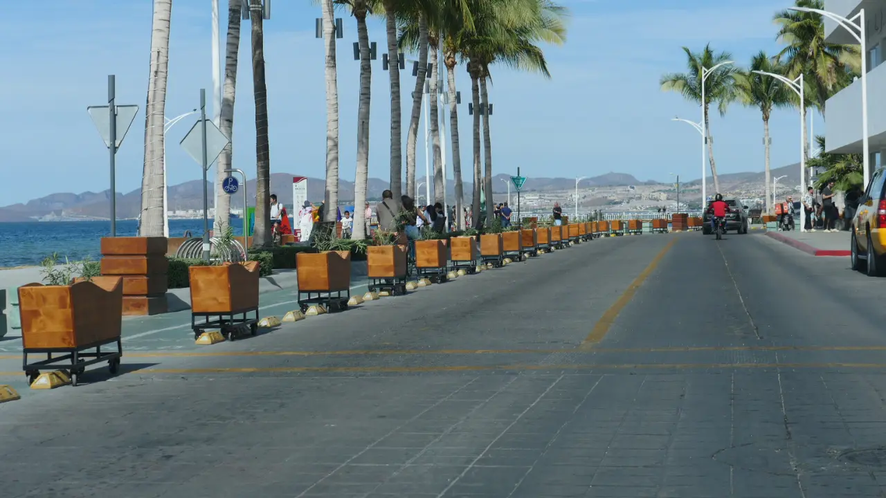 Maceteras móviles instaladas a lo largo del malecón de La Paz como parte del cierre parcial aplicado en temporada vacacional. Foto: Oscar Cabrera Betancourt  / Facebook