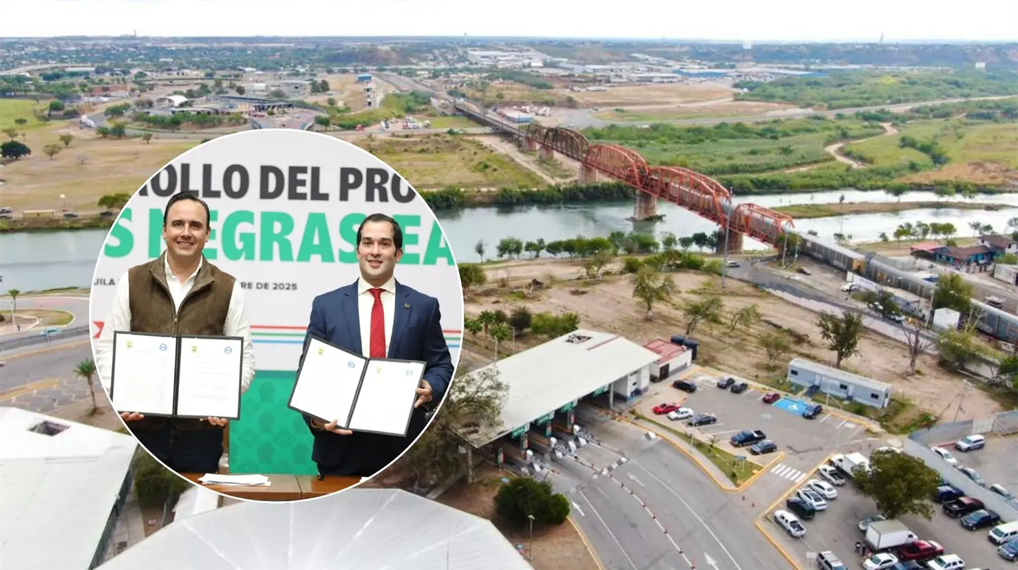 El gobernador de Coahuila, Manolo Jiménez, y Aaron Valdez, mayor de Eagle Pass. Puente Internacional II. (Facebook: Manolo Jiménez | Miguel Riquelme)