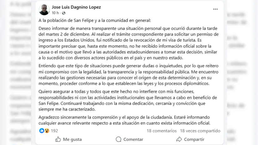 El alcalde publicó un mensaje en redes sociales explicando la revocación de su visa. Foto: Facebook
