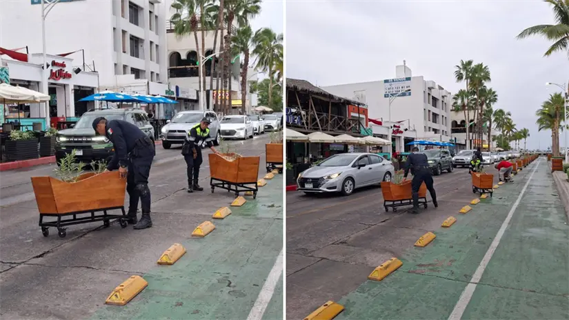 Elementos de Seguridad Pública reacomodan las macetas que delimitan el carril cerrado del malecón durante fines de semana. Foto: Alejandro Patrón / El Reportero Urbano / Facebook