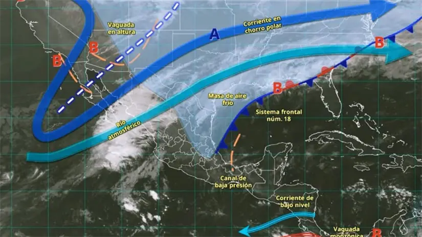 El sistema frontal y el río atmosférico continúan aportando humedad hacia la península, según el análisis meteorológico más reciente. Foto: Subsecretaría de Protección Civil BCS 