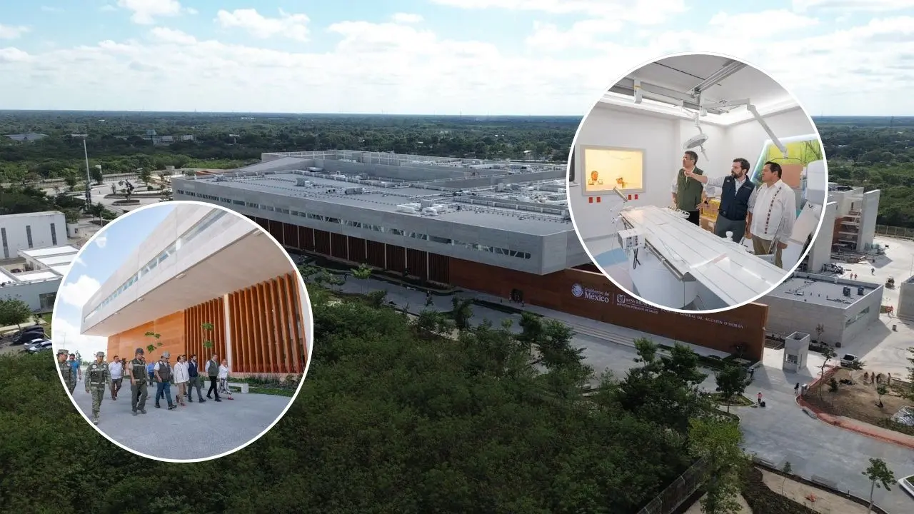 Al fondo, el nuevo  Hospital General IMSS-Bienestar Dr. Agustín O’Horán”. En los círculos, aspectos de la visita que realizaron El Gobernador de Yucatán  y el director general del IMSS-Bienestar a la obra.- Fuente Gobierno del Estado