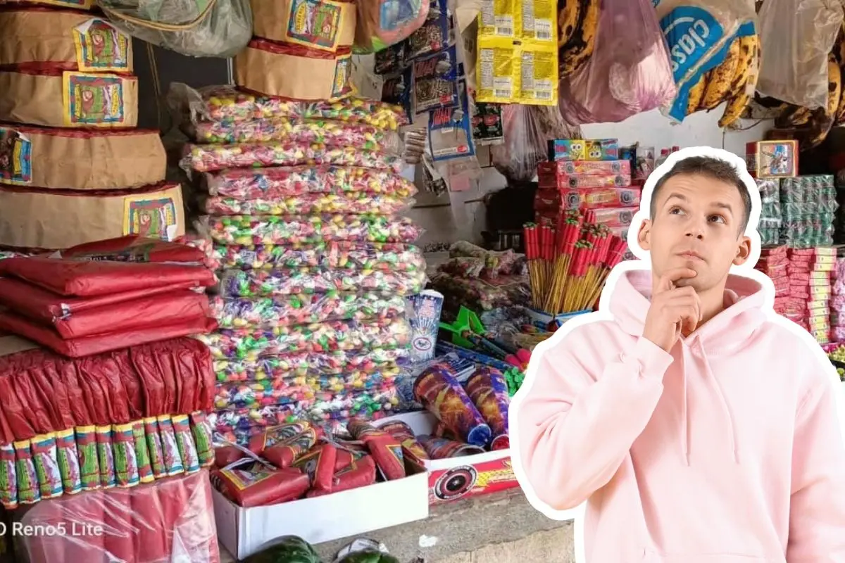 Puesto clandestino de venta de cuetes en Saltillo y hombre representando la duda de su distribución este 2025 / Foto: 7 de Junio | Canva