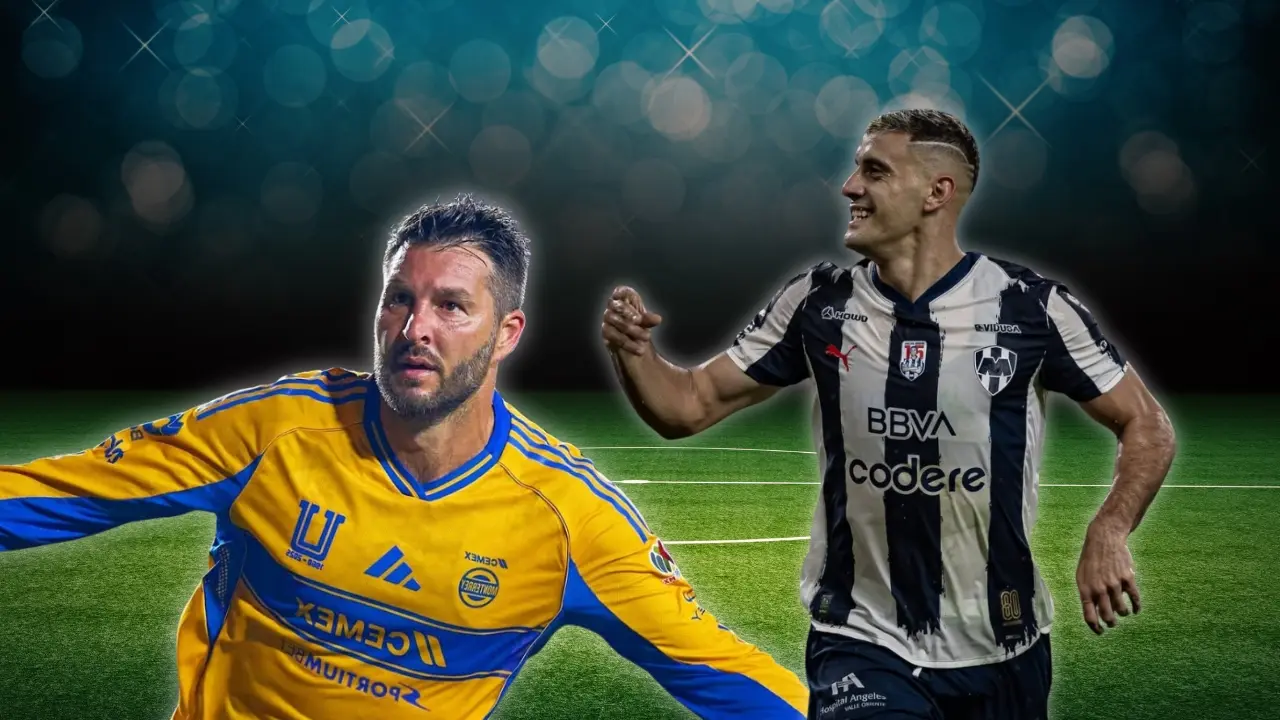 Dos jugadores de fútbol en una cancha; André‑Pierre Gignac de Club Tigres y Germán Berterame de Club Monterrey. Foto: Canva I Instagram Club Tigres I Instagram Club Monterrey