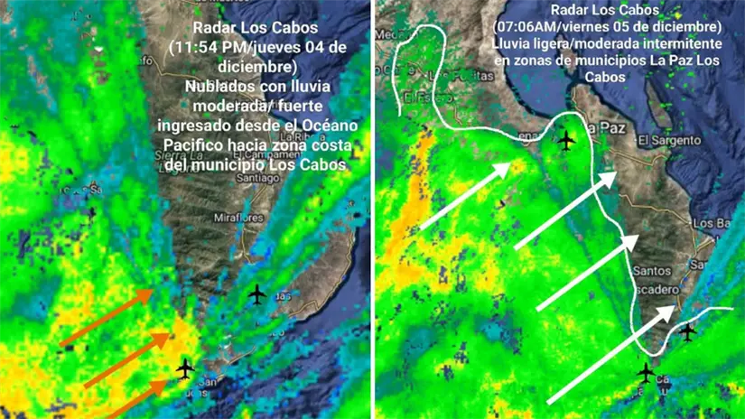 Las imágenes de radar muestran la entrada de núcleos de lluvia moderada desde el Pacífico hacia La Paz y Los Cabos entre la noche del jueves y la mañana del viernes. Foto: Subsecretaría de Protección Civil BCS 