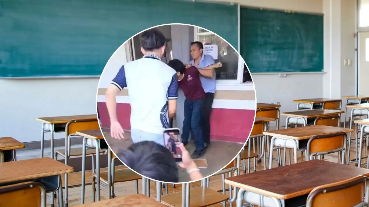 En el circulo, aspecto de un video que muestra la detención de un joven estudiante tras agredir a su novia en una escuela de Mérida.- Fuente Notiviral Yucatán