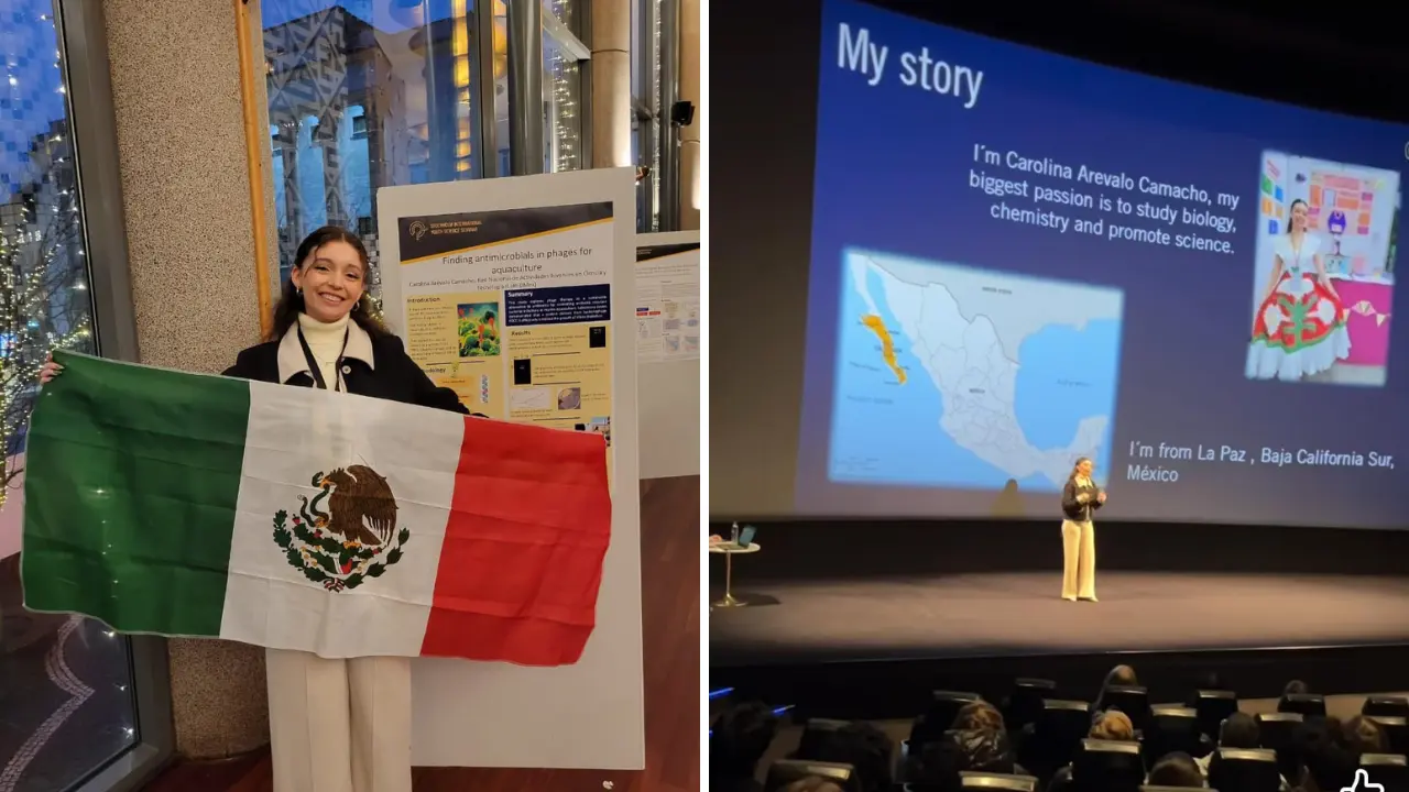 La sudcaliforniana Carolina Arévalo presenta su proyecto sobre antimicrobianos de fagos para acuicultura durante la Semana del Nobel en Suecia. Foto: Coscyt / Facebook