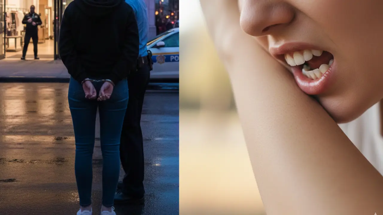 Imagen alusiva a una mujer de espaldas arrestada afuera de una tienda departamental por robo y presuntamente morder a un empleado en la Alcaldía Cuauhtémoc. Mujer mordiendo un brazo. | Foto: Gemini IA