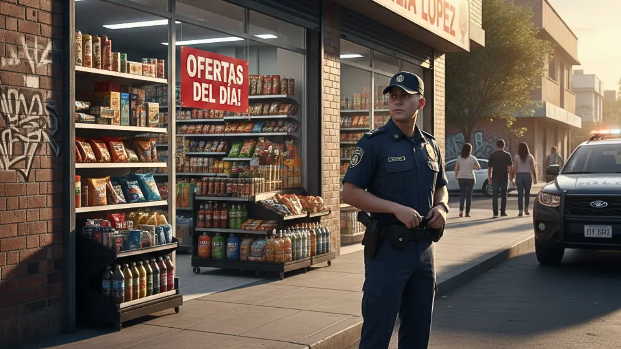 Policía vigilando un comercio local por recomendaciones de seguridad para comercios en época navideña | Gemini IA