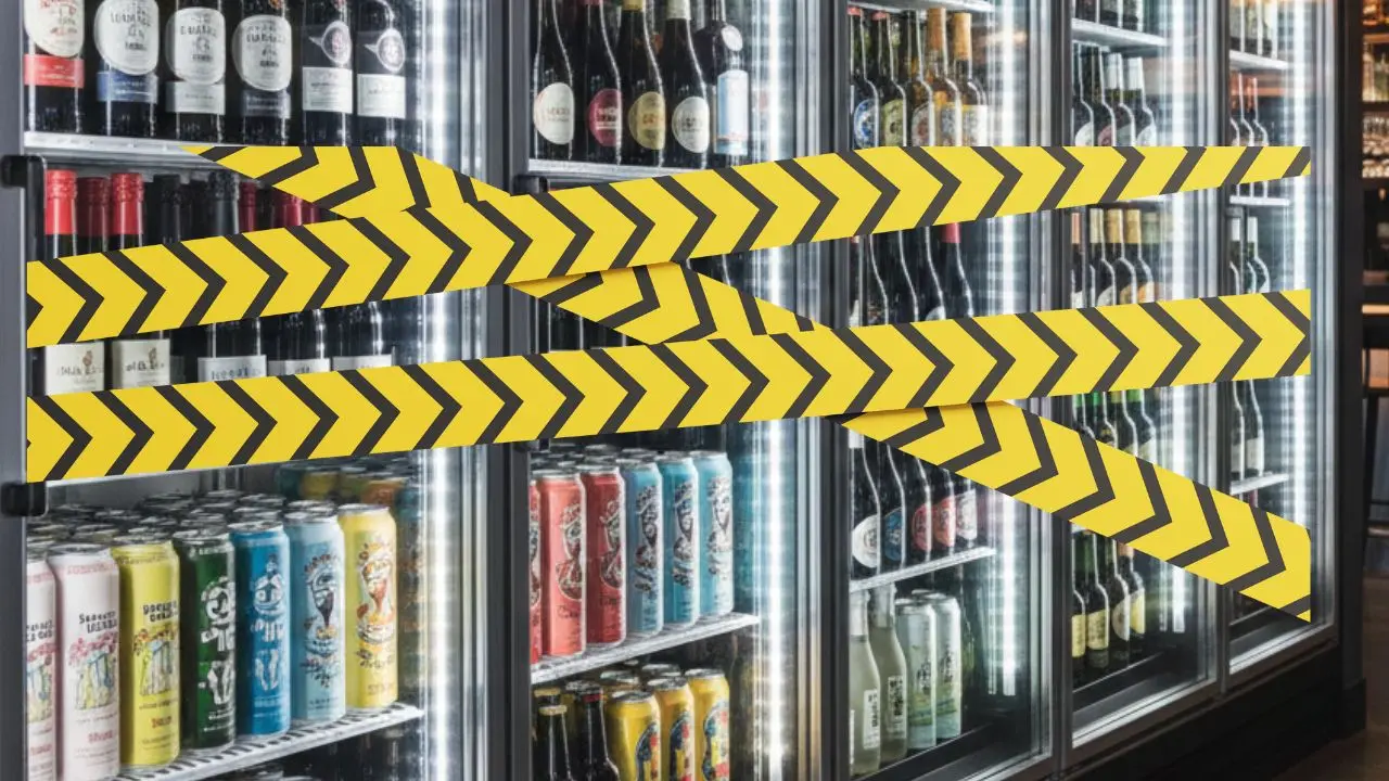 Refrigerador de supermercado en CDMX con cintas de prohibido debido a la Ley Seca.   Foto: creada con IA | Canva