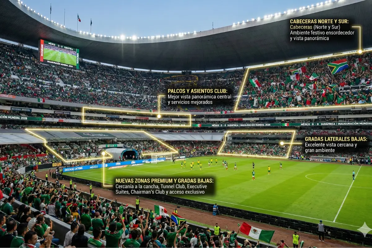 Las zonas del Estadio Azteca donde mejor se vive la pasión del México vs Sudáfrica. Foto: IA