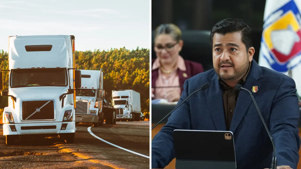 El diputado Omar Torres presentó la iniciativa para incorporar gobernadores de velocidad en vehículos de carga pesada en Baja California Sur. Foto: Canva | Congreso Ahora BCS