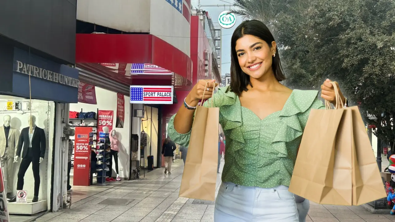 Una mujer con bolsas de compras y de fondo el Paseo Morelos en el centro de Monterrey. Foto: POSTA I CANVA