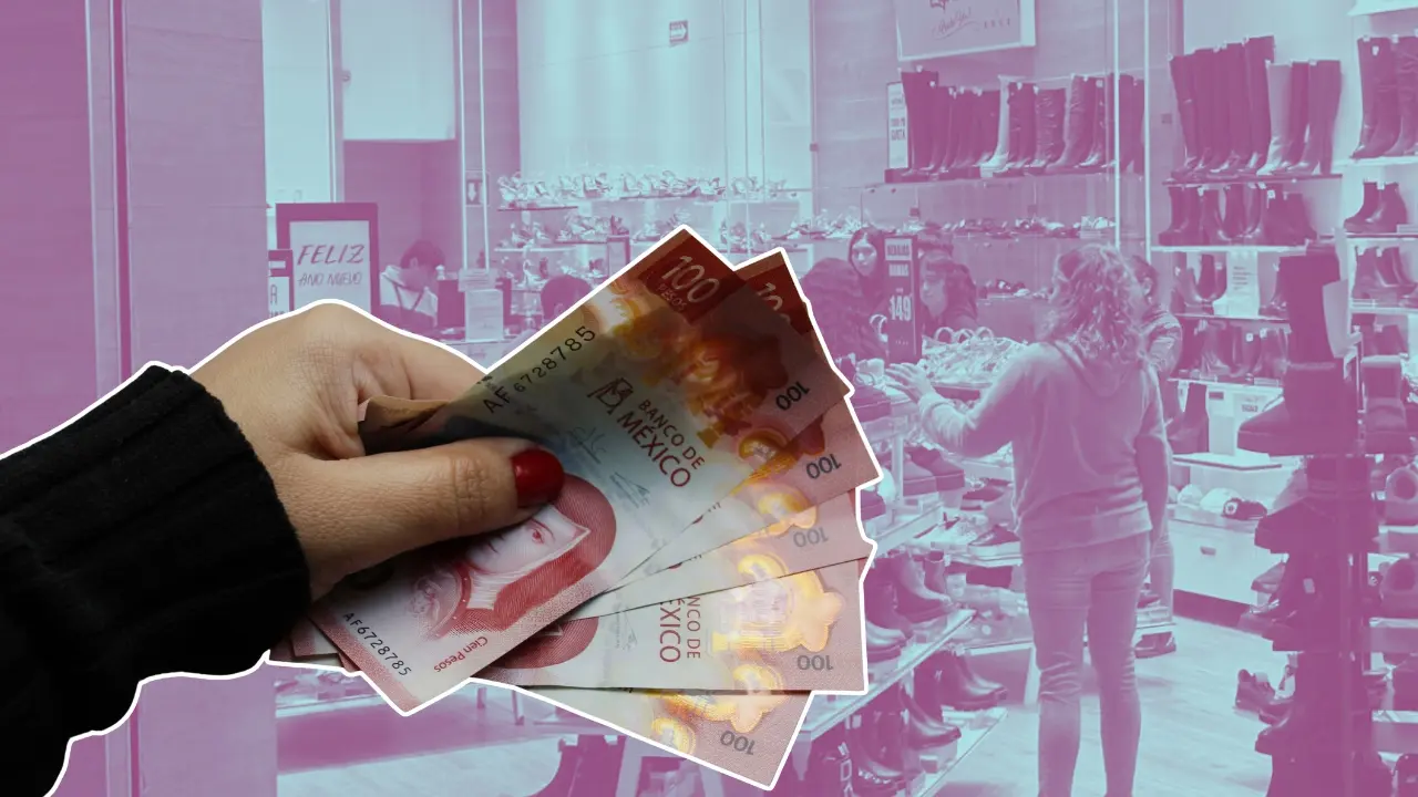 Billetes de cien pesos y de fondo una tienda de zapatos. Foto: CANVA I POSTA
