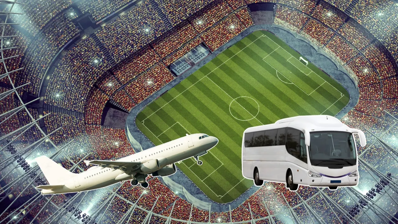 Un estadio, un avión y un autobús. Foto: Canva