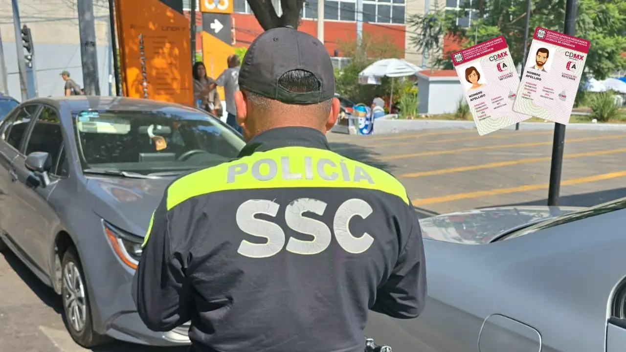 Policía de tránsito levantando multa en calles de CDMX, licencia de conducir Foto: X (@UCS_GCDMX) | Gobierno de la Ciudad de México | Canva
