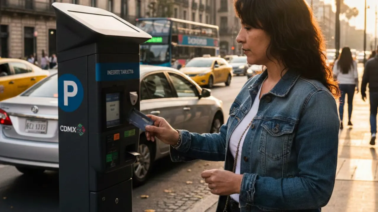 Persona pagando el parquímetro en CDMX. Foto: creada con IA
