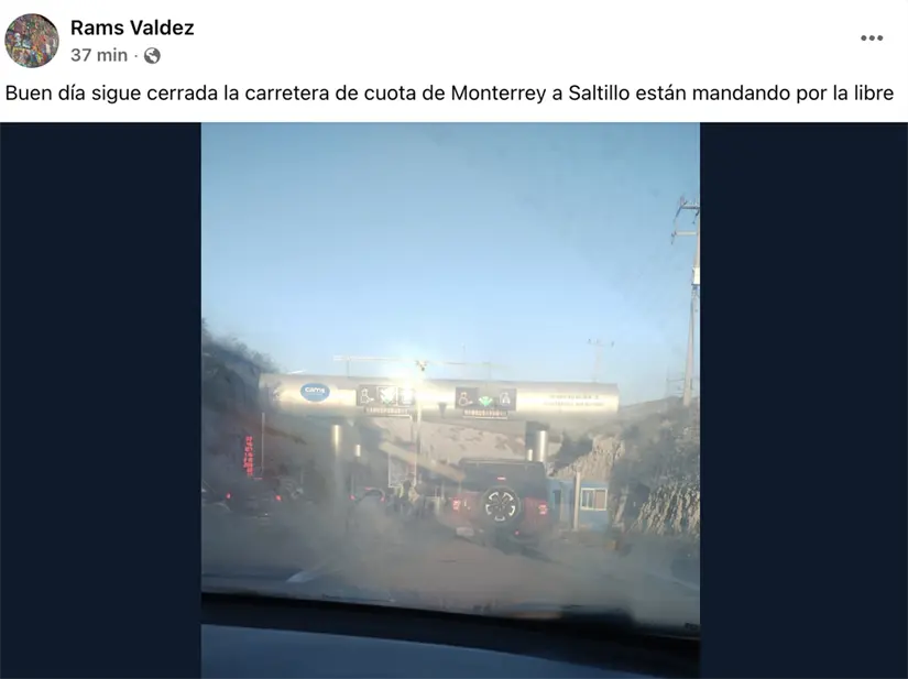 imagen recuadro Destacan vía libre para evitar trafico en la carretera Saltillo - Monterrey | Foto: Facebook Rams Valdez