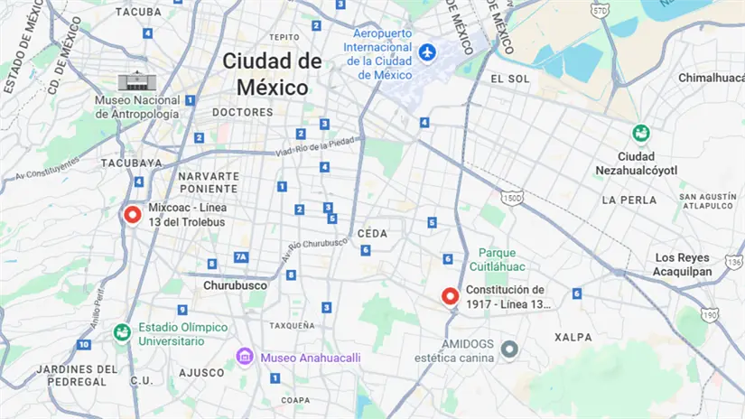 imagen recuadro Google Maps, conectividad del trolebús de la línea 13 en CDMX | Google Maps