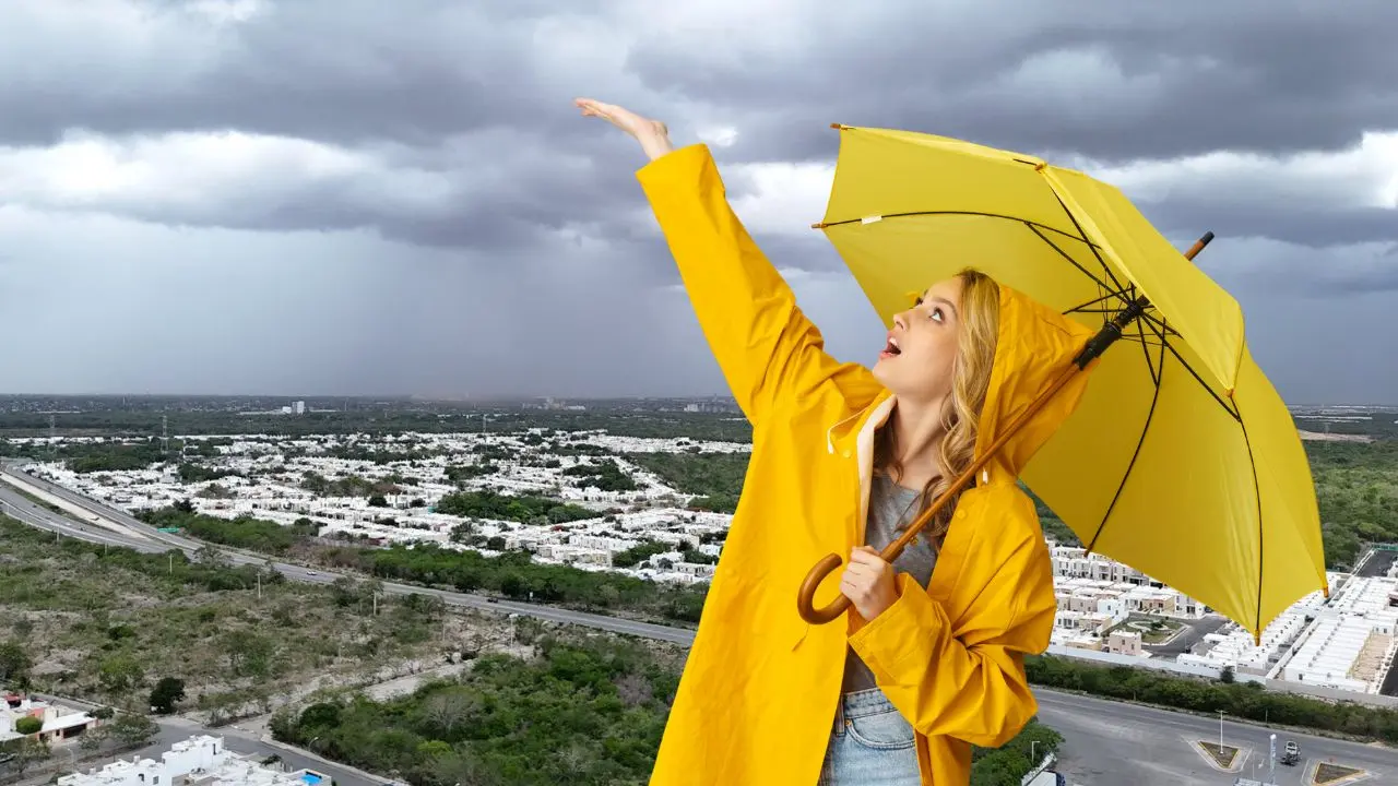 Al fondo, nublados afectan al poniente de la ciudad de Mérida.- Fuente Meteorología Yucatan y Canva