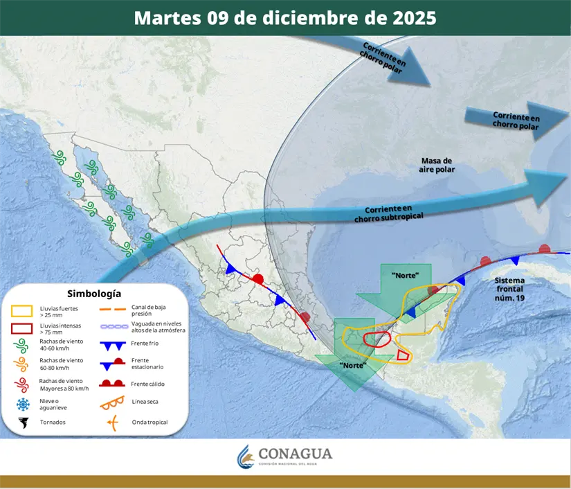 Mapa de la República Mexicana con simbologías y los sistemas frontales que están en la actualidad. Foto: SMN CONAGUA