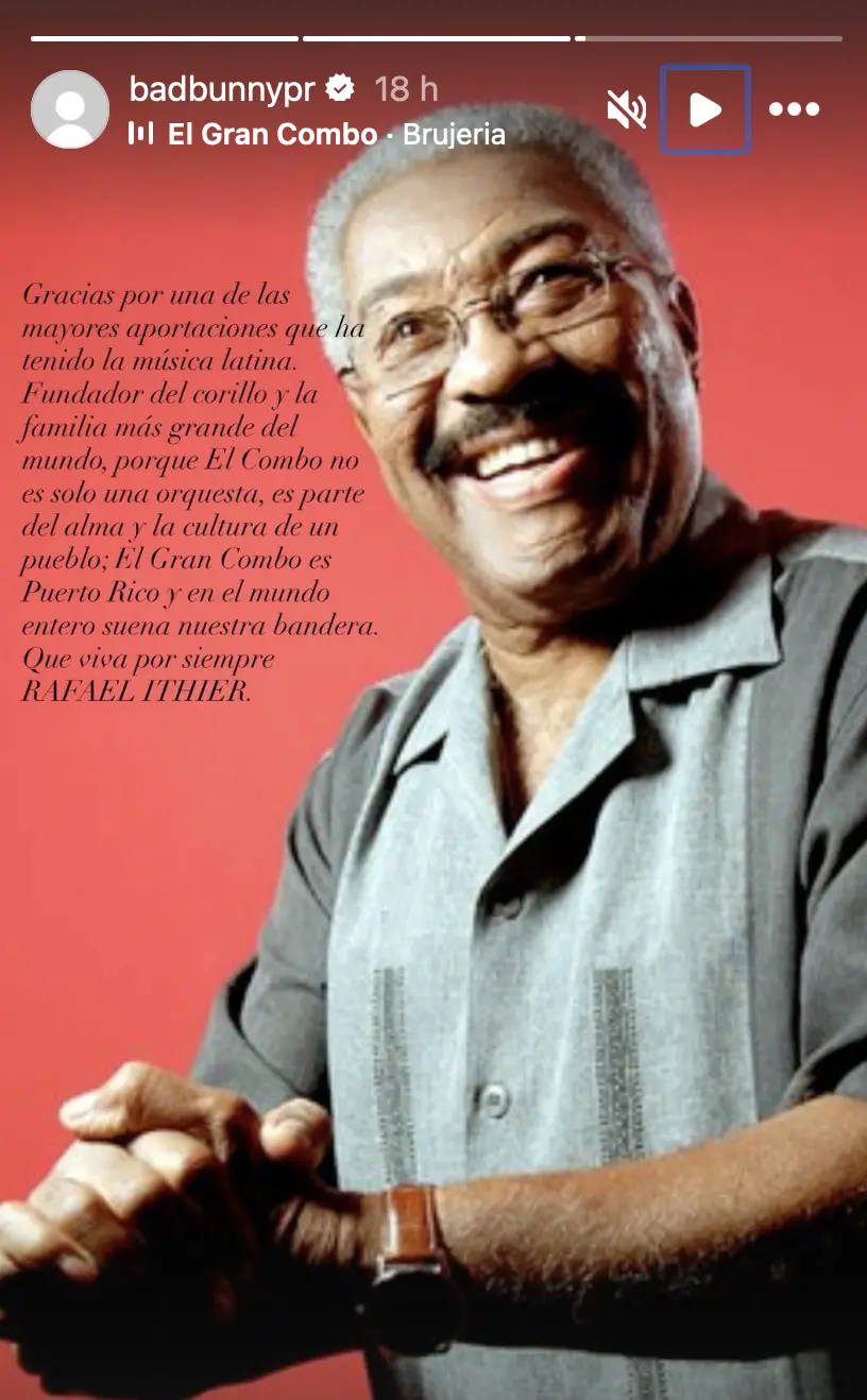 imagen recuadro Bad Bunny se despide de Rafael Ithier con un mensaje de agradecimiento. (Foto: Captura de pantalla, IG @badbunnypr)