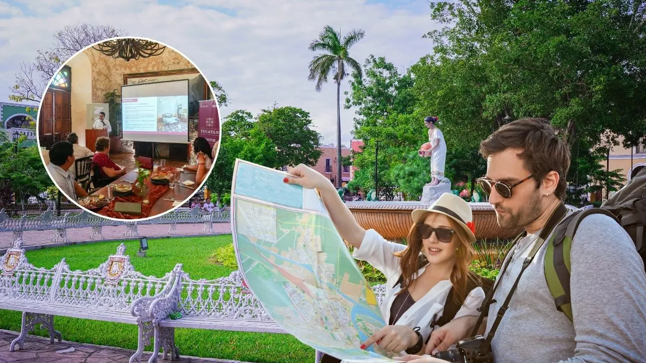 Al fondo, aspecto de la plaza principal de Valladolid, Yucatán. En el circulo, un momento del evento donde se entregaron reconocimientos a hoteles del oriente del estado.- Fuente Gobierno del Yucatán