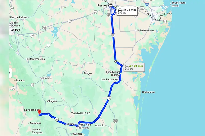 imagen recuadro Ruta desde Reynosa a el Santuario El Chorrito en el municipio de Hidalgo. Foto: Google Maps