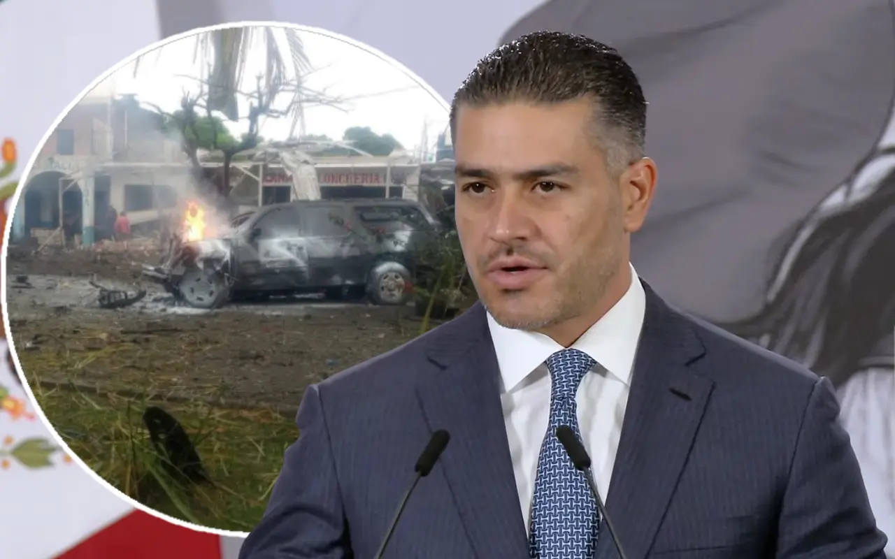 Omar García Harfuch y camioneta afectada por la explosión del coche bomba. Foto: X (@GlodeJo07) / Captura de pantalla: YouTube (Claudia Sheinbaum)