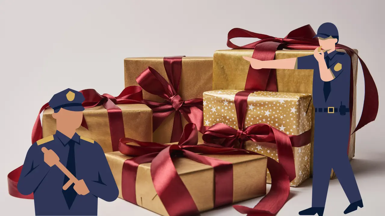 Regalos navideños y dibujo de policías realizando guardia, por recomendaciones de la SSC para realizar compras y traslados seguros de tus regalos navideños en CDMX | Canva Pro