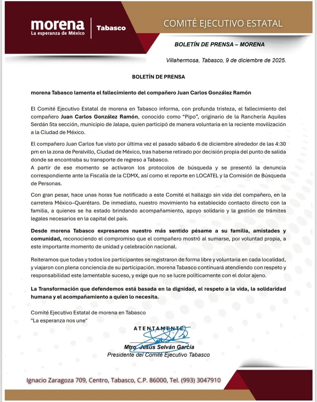 imagen recuadro Comunicado de prensa sobre el hallazgo sin vida de Juan Carlos González Ramón. Foto: Morena Tabasco