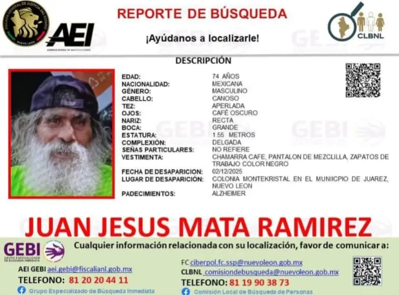 imagen recuadro La ficha emitida por el GEBI, ante la desaparición de Juan Jesús Mata Ramírez. Foto: GEBI.