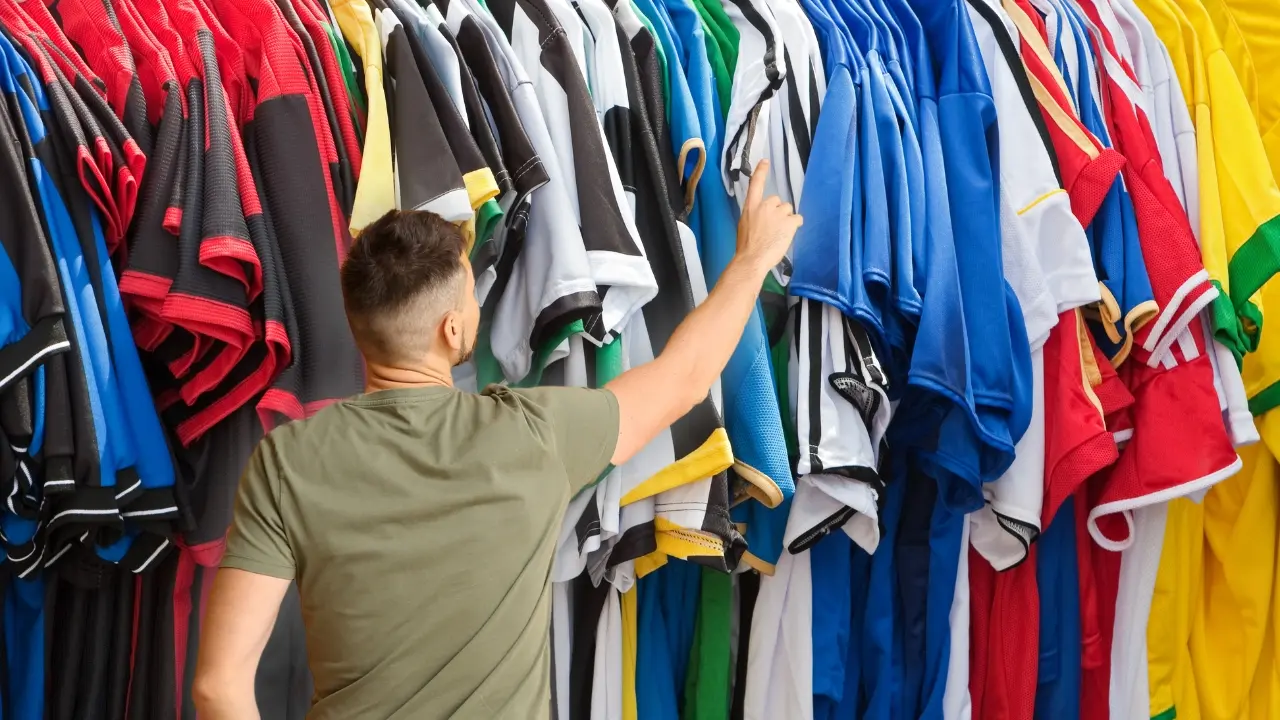 Playeras de equipos de futbol y un hombre señalando. Foto: Canva