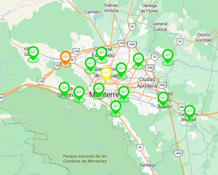 imagen recuadro Al corte de las 06:00 horas, el reporte de la calidad del aire en Monterrey, hay 13 estaciones en color verde. Foto: SIMA Nuevo León.