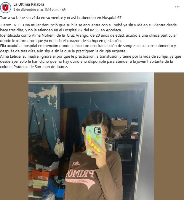 Captura de pantalla de la información que circuló en redes sociales, sobre el caso de la joven atendida en una clínica del IMSS Nuevo León. Foto: Facebook Ultima Palabra