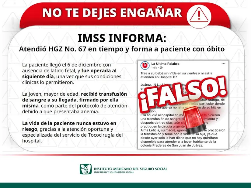 Comunicado oficial del IMSS Nuevo León sobre el caso de la joven con perdida fetal y atendida en la clínica 67 de Apodaca. Foto: IMSS Nuevo León