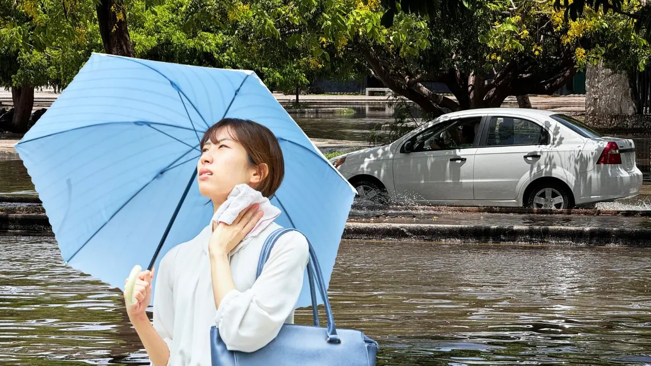 Al fondo, aspecto de una calle inundada por las lluvias que afectaron Mérida.- Fuente archivo POSTA y Canva