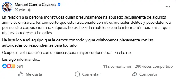 imagen recuadro Captura de pantalla del comunicado Foto: Facebook Manuel Guerra Cavazos