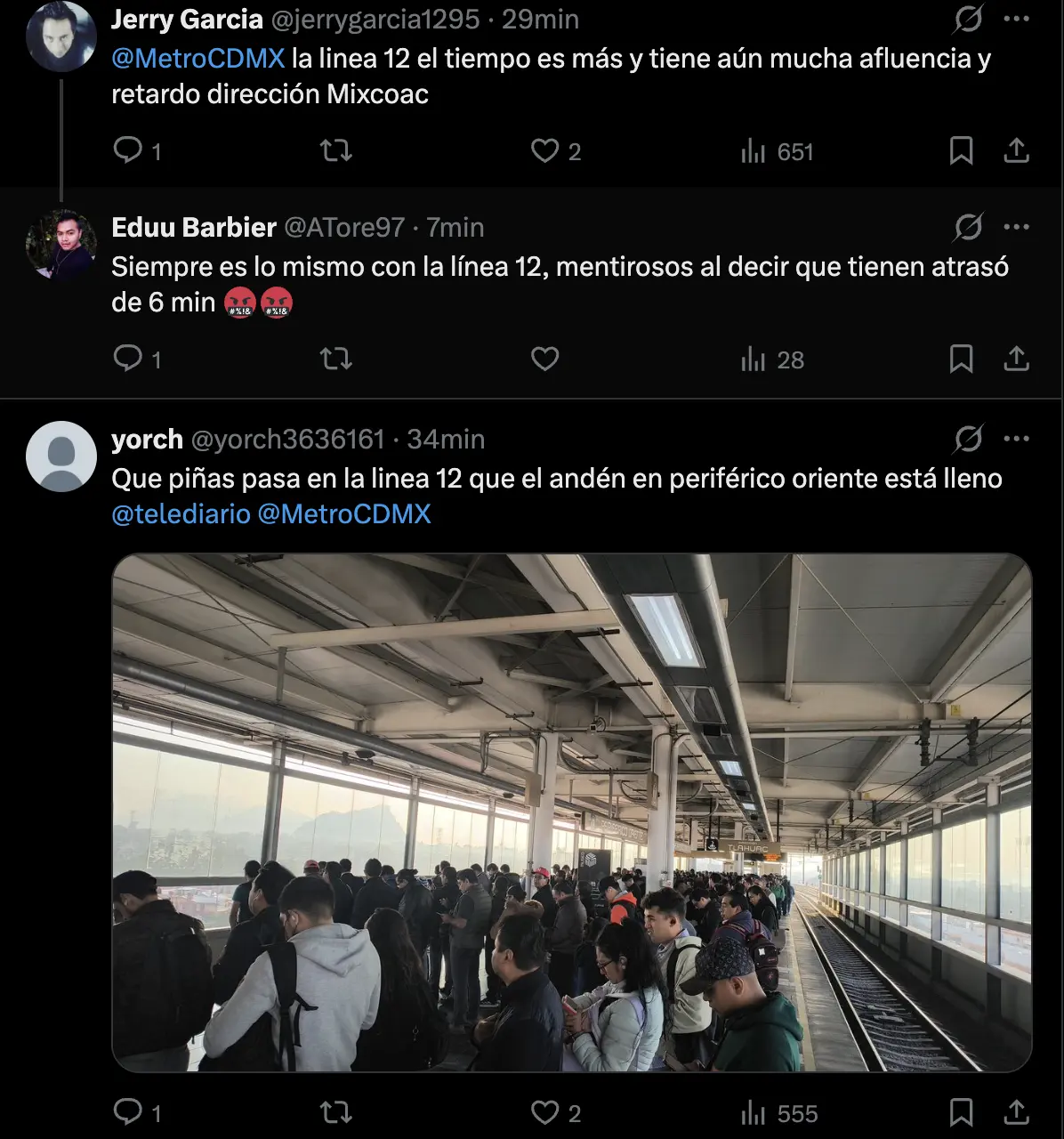 imagen recuadro Comentarios y fotos sobre servicio de la línea 12 del Metro CDMX. Foto: captura x (MetroCDMX)