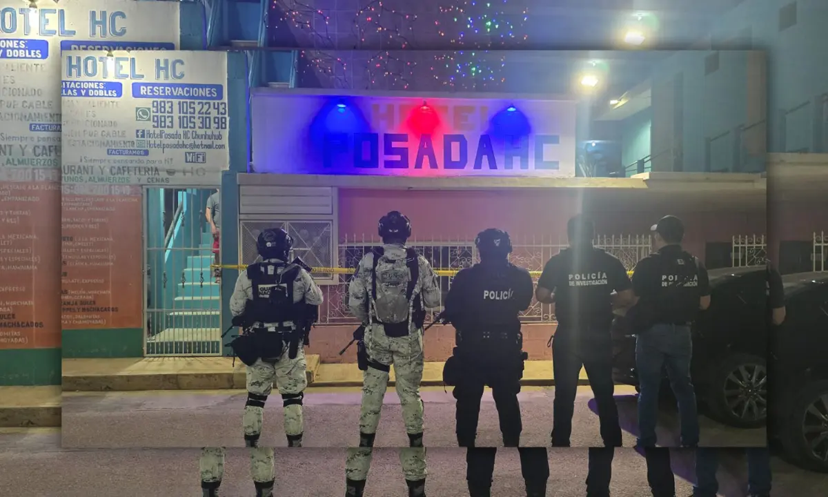 Elementos de la Guardia Nacional y Policía de Investigación en Quintana Roo afuera del predio cateado Foto: FGE Quintana Roo