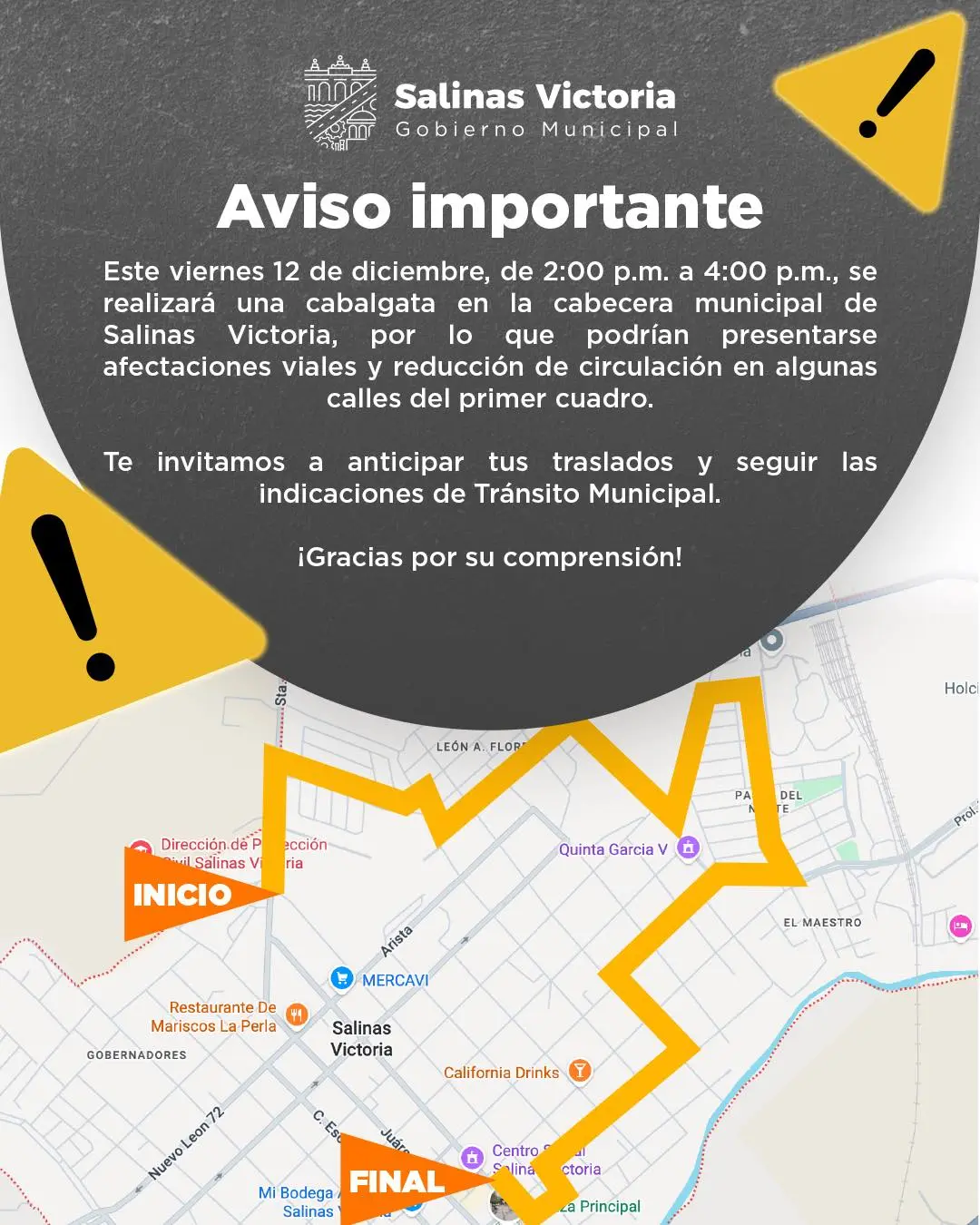 imagen recuadro A través de sus redes sociales, la dependencia emitió un aviso dirigido a la población, invitando a la ciudadanía a programar sus traslados con anticipación. Foto: Secretaría de Seguridad y Vialidad de Salinas Victoria.