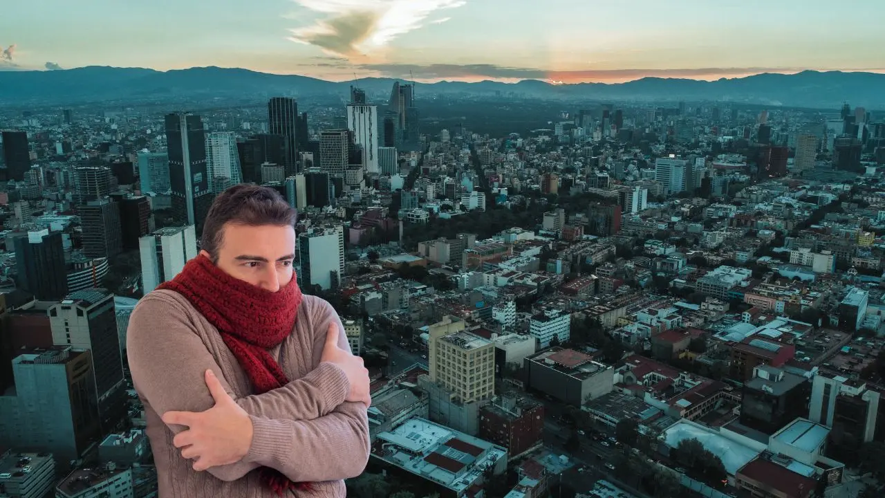 Vista aérea de la CDMx con clima frío, persona con frío. Foto: Canva