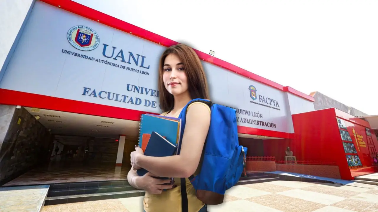 Fachada de FACPYA y una estudiante Foto: Canva l Vida universitaria UANL.